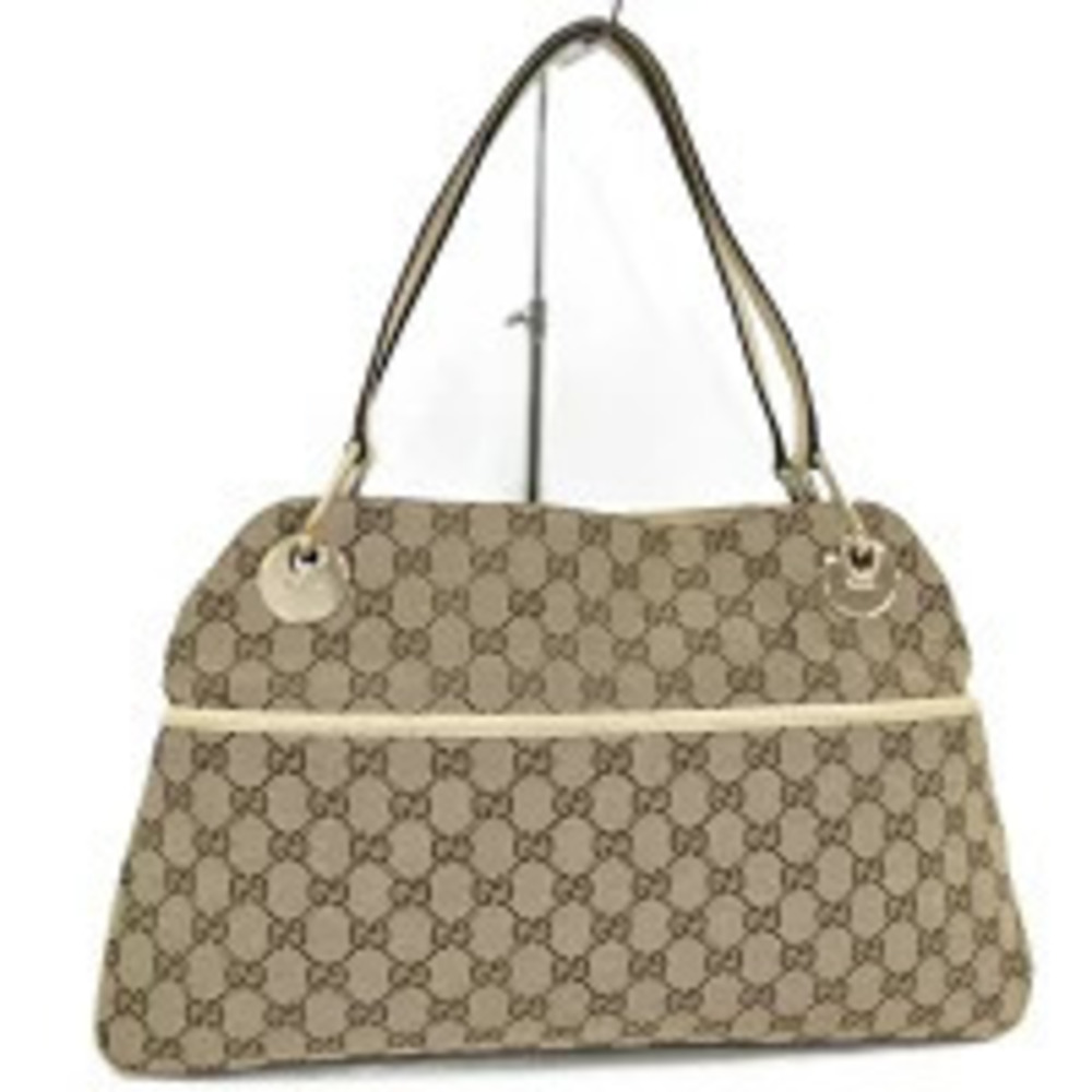 Gucci Tote Bag Handbag Leather GG Canvas Beige Cream